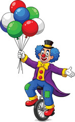 Cartoon clown riding unicycle, holding balloons, cheerful circus character, colorful outfit, fun performance, kids party theme, vector illustration, entertainment