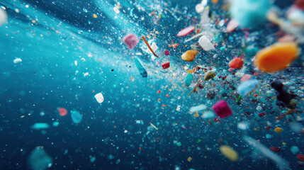 Concerning microplastic particle pollution floating underwater. water contamination deep toxic problem for sea and global environment