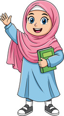 Cartoon girl in pink hijab, waving hand, holding book, vector illustration for education, culture, student character, cheerful pose, design