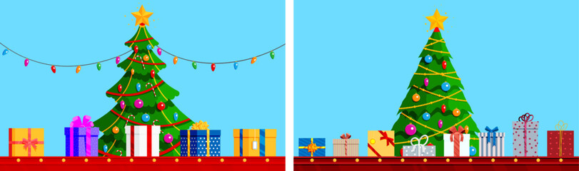 Christmas tree with gifts on conveyor belt. Celebration of Christmas and New year, delivery of presents. Illustration of holiday shopping for winter season.