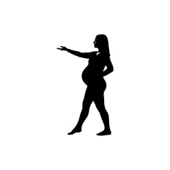 Silhouette of a pregnant woman standing with outstretched arm on white background