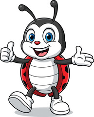Cartoon ladybug character with thumbs up, smiling face, vector illustration for kids, insect mascot, friendly pose, educational design