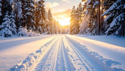 Obraz premium Golden Sunrise Over a Snowy Forest Road.