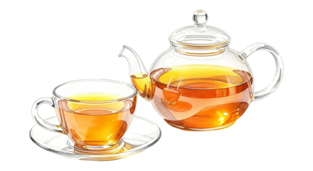 Glass teapot and cup with tea isolated on transparent background, a refreshing and comforting beverage for relaxation