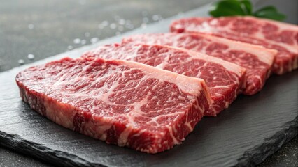 Close Up of Premium A5 Wagyu Beef Slices with Rich Marbling Texture on Stone Plate