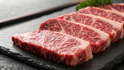 Close Up of Premium A5 Wagyu Beef Slices with Rich Marbling Texture on Stone Plate