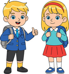 Cartoon school children with backpacks, thumbs-up and smiling pose, red skirt and blue blazer uniform, cheerful education character, vector illustration art