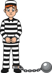 Cartoon prisoner in striped uniform with handcuffs and ball chain, sad pose, vector illustration for jail, punishment, crime, justice, law