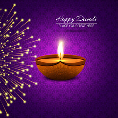 Happy Diwali Festival Greeting Background with Glowing Diya Lamp, Elegant Purple Decorative Pattern, Warm Festive Light, and Vibrant Indian Celebration Design for Holiday Card