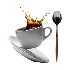 Coffee splashing out of a white cup on a saucer with a spoon isolated on transparent background