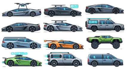 Set of Car Contours Vector Illustration &ndash; Different Vehicle Models in Outline Style