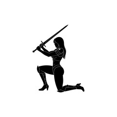 Naklejka premium Silhouette of a female warrior kneeling and holding a sword above her head