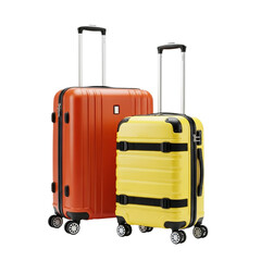 Orange and yellow suitcases with retractable handles and wheels isolated on transparent background