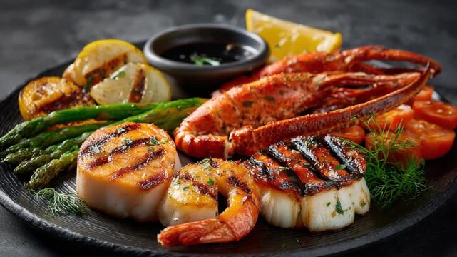 Seafood Plate: A close-up shot of a beautifully arranged seafood platter showcases a gourmet selection of grilled lobster, scallops, shrimp, and grilled vegetables, garnished with lemon.