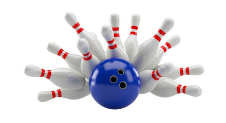 A blue bowling ball striking and scattering white bowling pins with red stripes isolated on transparent background