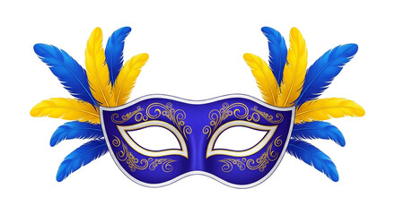 Elegant blue and gold feathered masquerade mask isolated on transparent background, perfect for carnival or costume parties