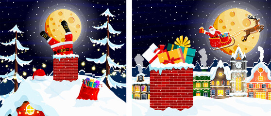 Santa Claus legs sticking out of brick chimney on snowy rooftop with Christmas gifts nearby, while flying over winter town with reindeer and sleigh. Christmas night background. © absent84