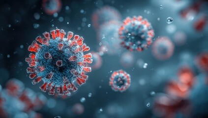 Close-up of virus particles floating in a microscopic environment with detailed structure