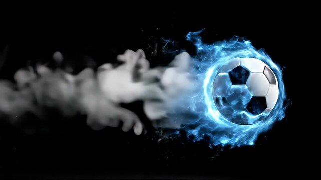Powershot: A burning soccer ball pierces smoke against a black background in slow motion.
