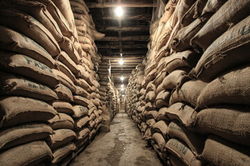 Burlap sacks filled with coffee beans stacked high along a dimly lit warehouse aisle