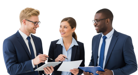 Diverse business team discussing ideas isolated on transparent background, promoting collaboration and teamwork in workplace