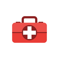 Obraz premium Red first aid kit with white cross symbol for medical emergencies.