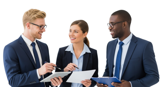 Diverse business team discussing ideas isolated on transparent background, promoting collaboration and teamwork in workplace