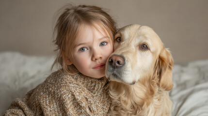 Tender portrait of cute young girl sharing loving hug with her pet golden retriever dog, showing purebred animal friendship and close bond