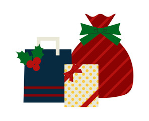 リボンや柊でラッピングされたシンプルな柄のクリスマスギフトイラスト素材