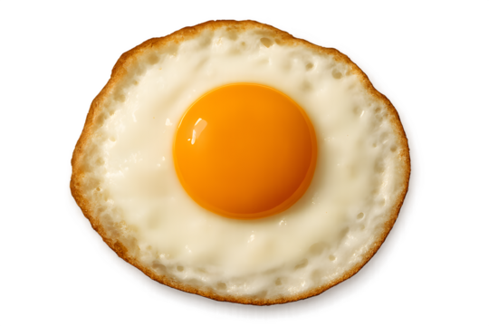 Fried egg isolated on white with rich yellow yolk ideal for breakfast food design, culinary artwork, restaurant menu graphics, protein nutrition concepts, and advertising creative resources