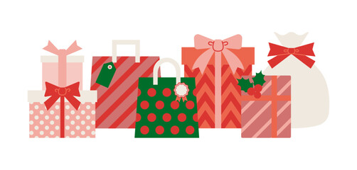 ピンクの可愛いギフトが並んだクリスマスのイラスト素材