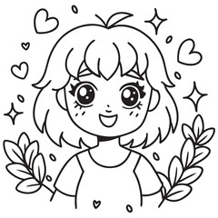 Cute Anime Girl with Hearts and Laurels - Coloring Page