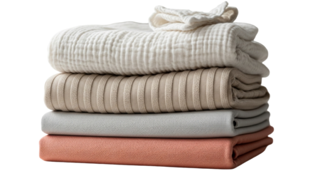 Stack of folded soft blankets isolated on transparent background, cozy and warm textile for home, comfort