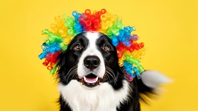Funny Clown Dog - A black and white border collie dog wearing a colorful clown wig against a bright yellow background. The dog has a funny expression.