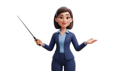 3d icon of confident cartoon businesswoman presenting with pointer isolated on transparent background