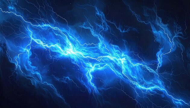 Abstract blue lightning bolt striking through a dark cosmic background, creating an electrifying atmosphere