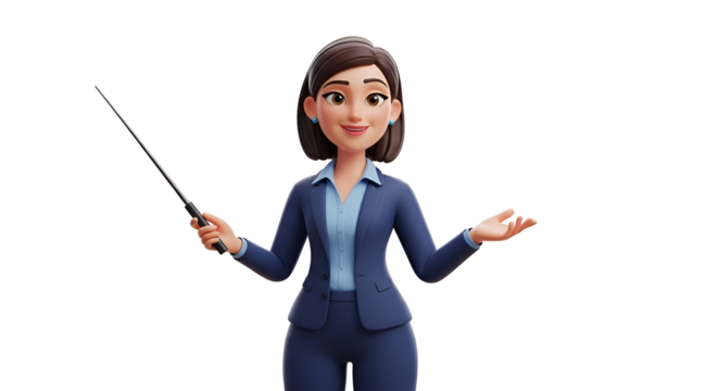 3d icon of confident cartoon businesswoman presenting with pointer isolated on transparent background - Powered by Adobe