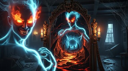 Evil Spirit in Mirror Portal - A terrifying evil spirit with flaming hair and glowing eyes emerges from a mirror, revealing a hellish underworld portal. - Powered by Adobe