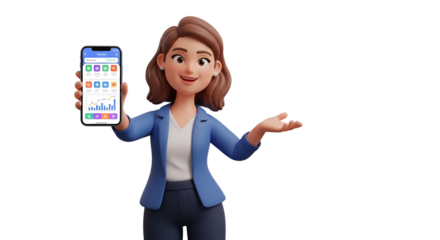3d icon of cartoon woman presenting mobile app on smartphone isolated on transparent background, showcasing technology and innovation