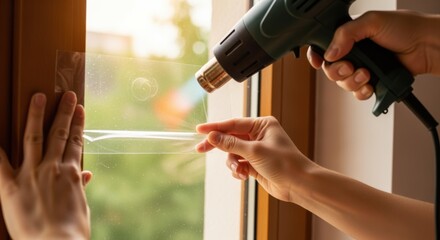 Hands using a heat gun to shrink insulating window film on a small window emphasizing ease of installation and immediate insulation improvement.