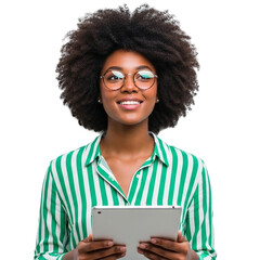 Smiling african american woman with tablet isolated on transparent background, wearing glasses and green striped shirt