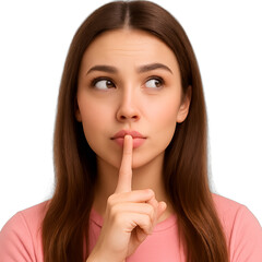 Naklejka premium Young woman with finger on lips signaling silence and secrecy with thoughtful expression, perfect for privacy or confidential concepts.