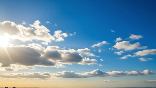 An expansive, wide-angle view captures the dynamic beauty of soft, white cumulus clouds gracefully drifting across a brilliant blue sky. The radiant sun, positioned in the upper left, casts a warm, go