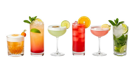 Various colorful cocktails isolated on transparent background, each garnished with fresh fruit and herbs, perfect for summer