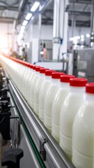 Obraz premium A conveyor belt moves rows of milk bottles in a clean food production facility