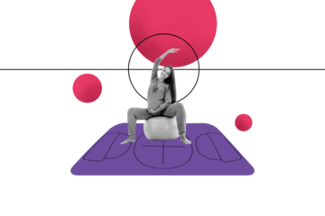 Composite photo collage of happy pregnant mommy sit fitness ball do yoga stretching hold belly healthy life isolated on painted background