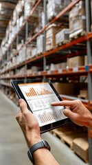 In a spacious warehouse, a person examines data analytics on a tablet, highlighting key metrics and trends for inventory management