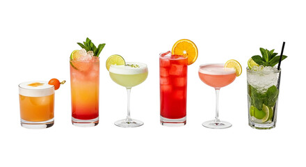 A row of six colorful cocktails isolated on transparent background, each with a unique flavor and garnish