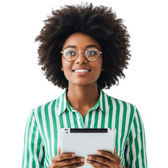 Smiling young african american woman holding a tablet isolated on transparent background, looking up with a positive expression