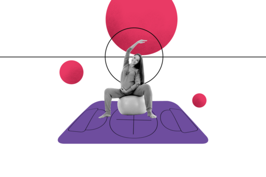 Composite photo collage of happy pregnant mommy sit fitness ball do yoga stretching hold belly healthy life isolated on painted background